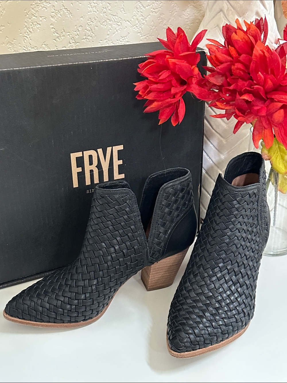 Frye Black Woven Leather Ankle Booties with Stacked Heel